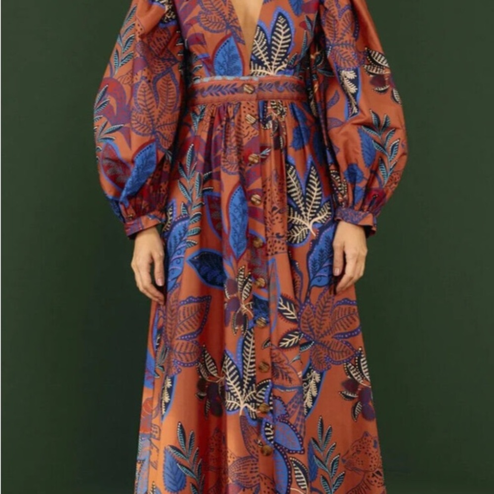 FARM Rio Orange and Blue Leaf Print Long Sleeve Dress